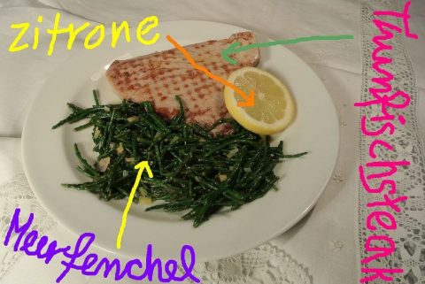 Thunfischsteak mit Meerfenchel ist sehr gesund. Viele ungesättigte Fettsauren und keine Kohlenhydrate.