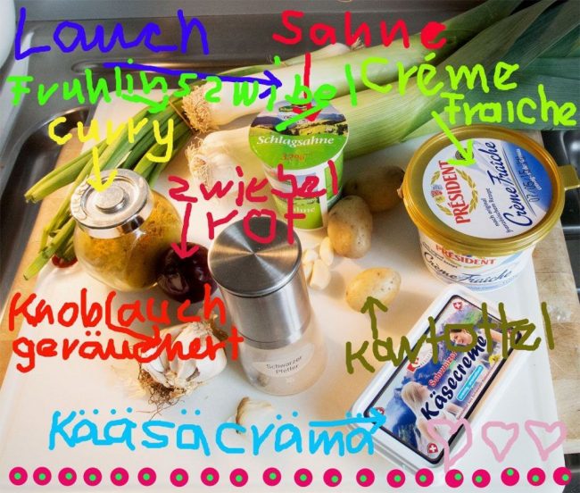 Lauchcremesuppe mit Käse die Zutaten im Bild mit Beschreibung.