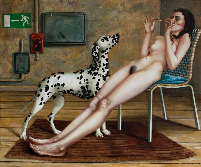 Künstler und Kunst mit Hund und die die Bildwerdung anhand eines Mikadostäbchens erklärt ist, einer Erklärung zur Entstehung des Gemäldes Mikado von Thomas Gatzemeier. Auf diesem Bild ist eine nackte Frau mit einem Dalmatiner zu sehen.