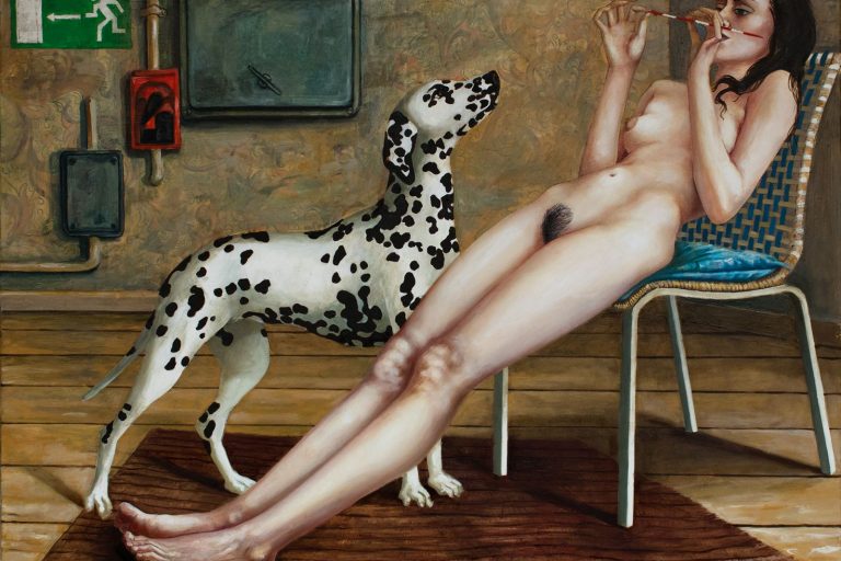 Künstler und Kunst mit Hund und die die Bildwerdung anhand eines Mikadostäbchens erklärt ist, einer Erklärung zur Entstehung des Gemäldes Mikado von Thomas Gatzemeier. Auf diesem Bild ist eine nackte Frau mit einem Dalmatiner zu sehen.