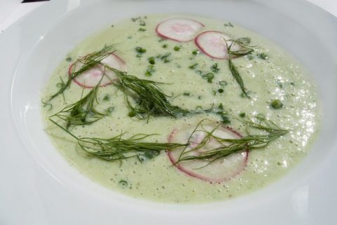 Kaltes Zucchini-Gurkensüppchen mit Dill, Radieschen und Schnittlauch in weißem Teller serviert