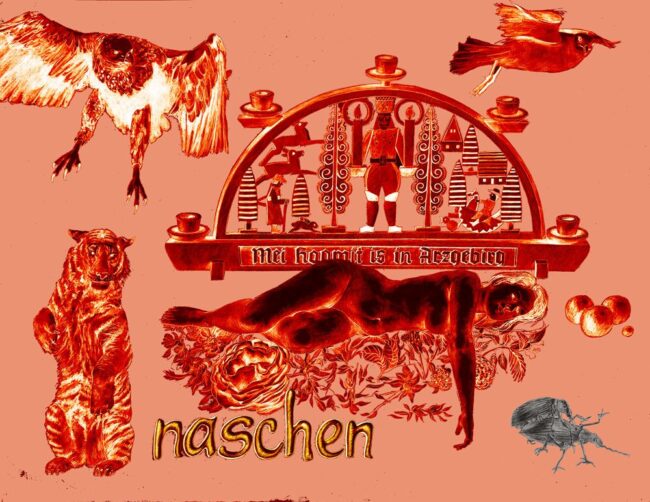 „naschen“ 2013 Farbvariante 4 Giclée – Pigmentdruck 43 x 60 cm Die Grafik von Thomas Gatzemeier mit dem Titel „naschen“ aus dem Jahr gehört zum Zyklus Fetischismus und ist stilistisch dem Pop-Art Surrealismus zuzuordnen.