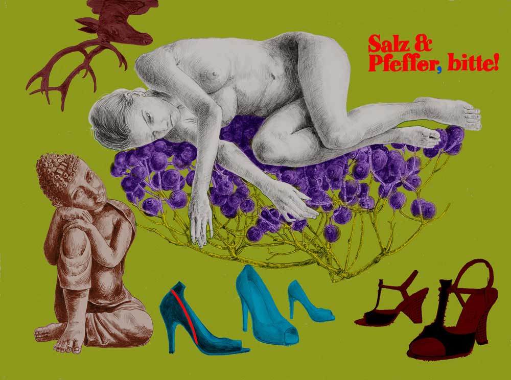 In der Grafik Salz & Pfeffer bitte trifft die klare Farbigkeit der Pop Art auf die traumartige Kombination surrealer Elemente, wodurch eine irritierende wie auch humorvolle Bildwelt entsteht.
