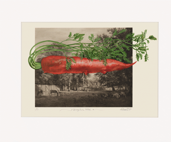 Thomas Gatzemeier Die mystische Möhre ist eine Malereicollage aus dem gleichnamigen surrealen Zyklus. Sie sehen eine Möhre durch eine romantische Landschaft fliegen.