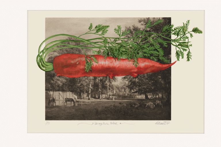 Thomas Gatzemeier Die mystische Möhre ist eine Malereicollage aus dem gleichnamigen surrealen Zyklus. Sie sehen eine Möhre durch eine romantische Landschaft fliegen.