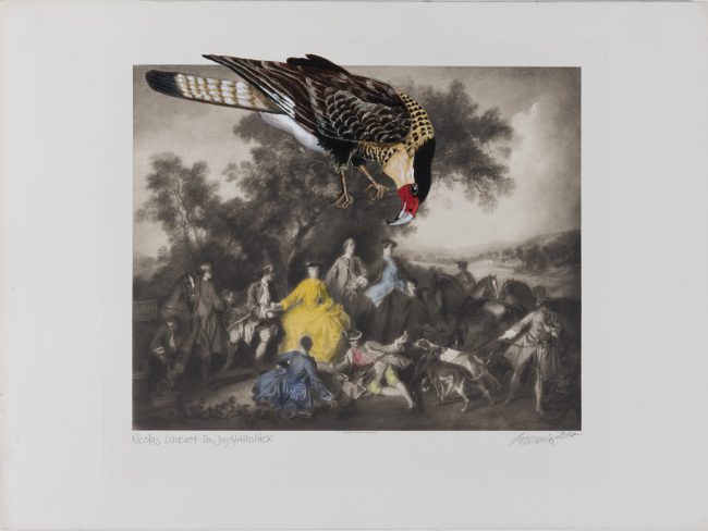 Das jagtfrühstück ist eine Malereicollage auf Heliogravüre von Thomas Gatzemeier . Stammt aus dem Zyklus die mystische Möhre.