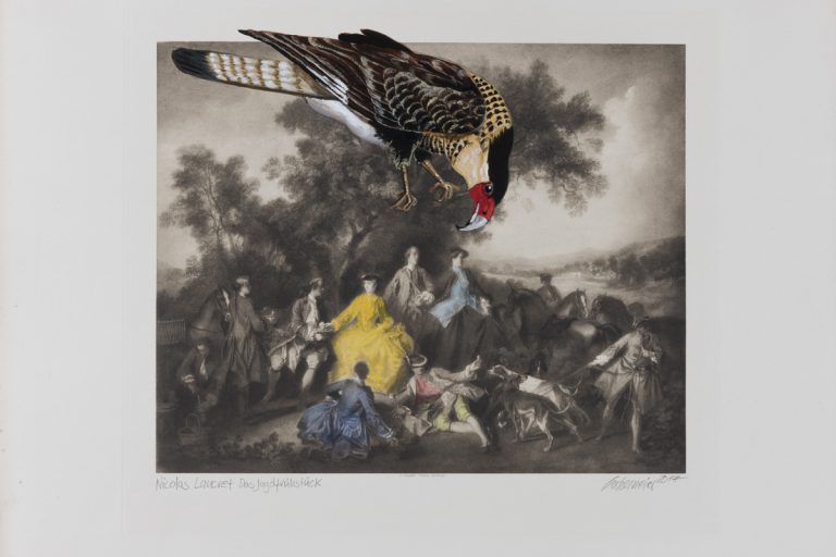 Das jagtfrühstück ist eine Malereicollage auf Heliogravüre von Thomas Gatzemeier . Stammt aus dem Zyklus die mystische Möhre.