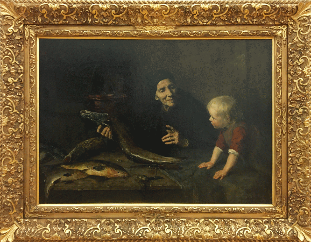Gemälde des Malers Zimmermann die Fischhändlerin mit Preisschild