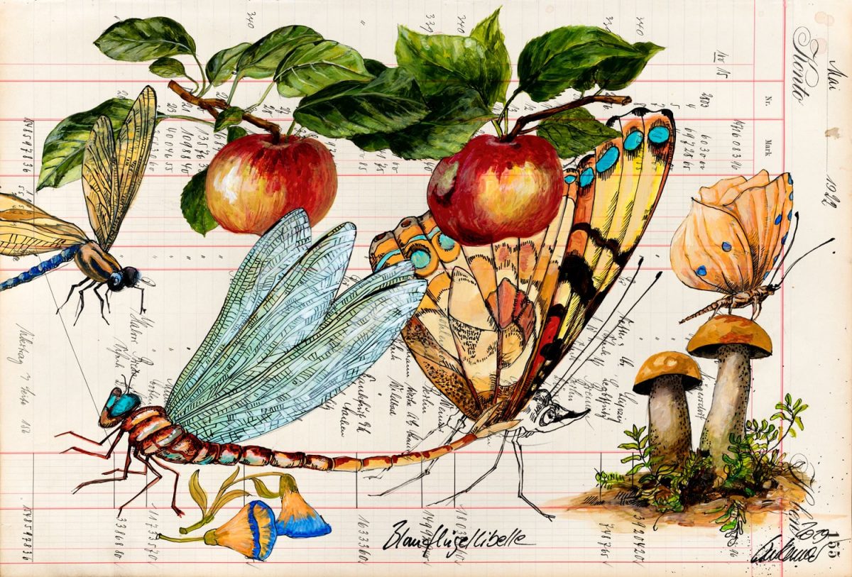 Eine zeitgenössische Naturdarstellung von Thomas Gatzemeier mit Insekten und Pilzen