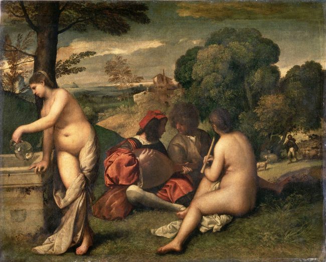 Ländliches Konzert von Giorgione und Tizian ist ein Gemälde mit Zwei nackten Frauen und zwei bekleideten Männern beim musizieren in einer arkadischen Landschaft