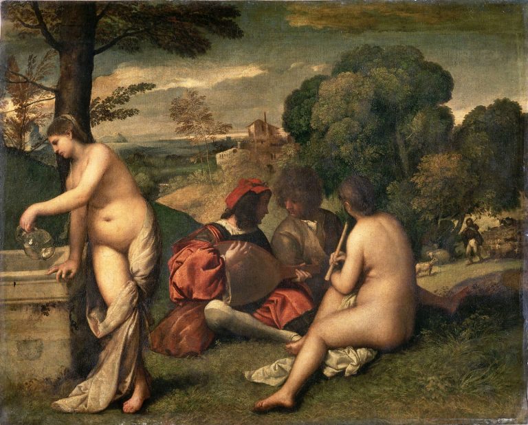 Ländliches Konzert von Giorgione und Tizian ist ein Gemälde mit Zwei nackten Frauen und zwei bekleideten Männern beim musizieren in einer arkadischen Landschaft