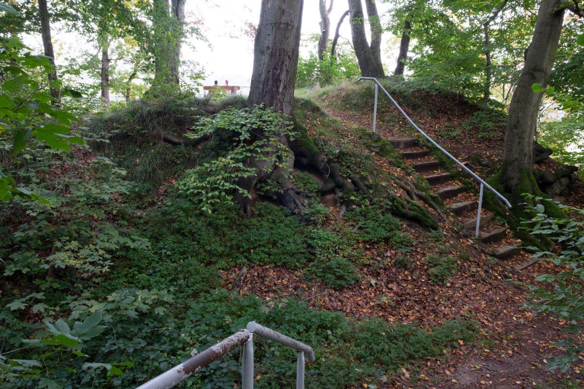 Treppe zum Aussichtspunkt Maylust im Herbst mit rotem Laub
