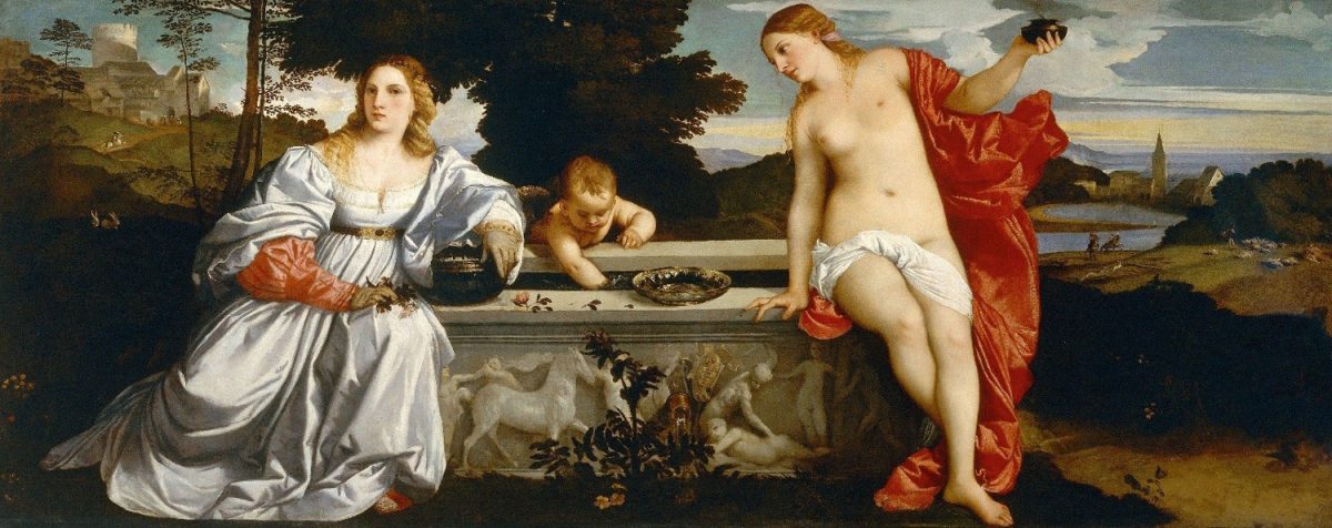 Das Gemälde von Tizian Himmlische und Irdische Liebe zeigt eine nackte Frau und illustriert den Text Schönheit, Erotik, Mord und Ideologie