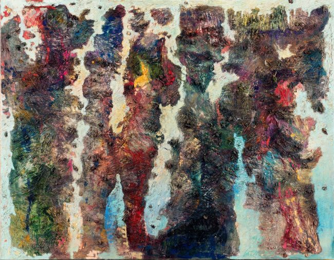 Das Gemälde von Thomas Gatzemeier Parade erinnert an Max ernst und stellt surreal verfremdete Figuren dar.