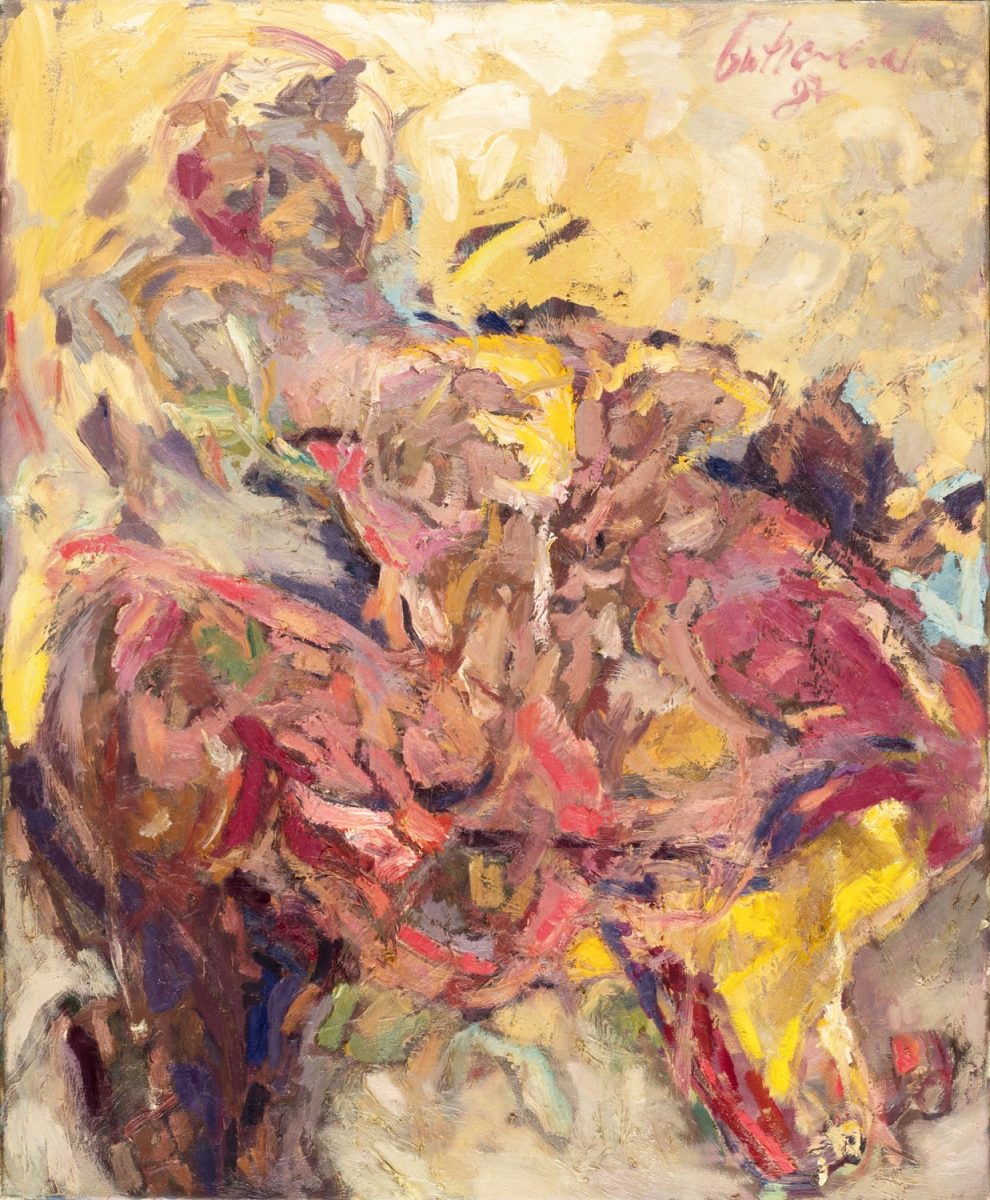 Das Gemälde von Thomas Gatzemeier mit dem Titel Sich rekelnde Frau entstand 1987. die stark farbige Malerei löst sich abstrahierend auf
