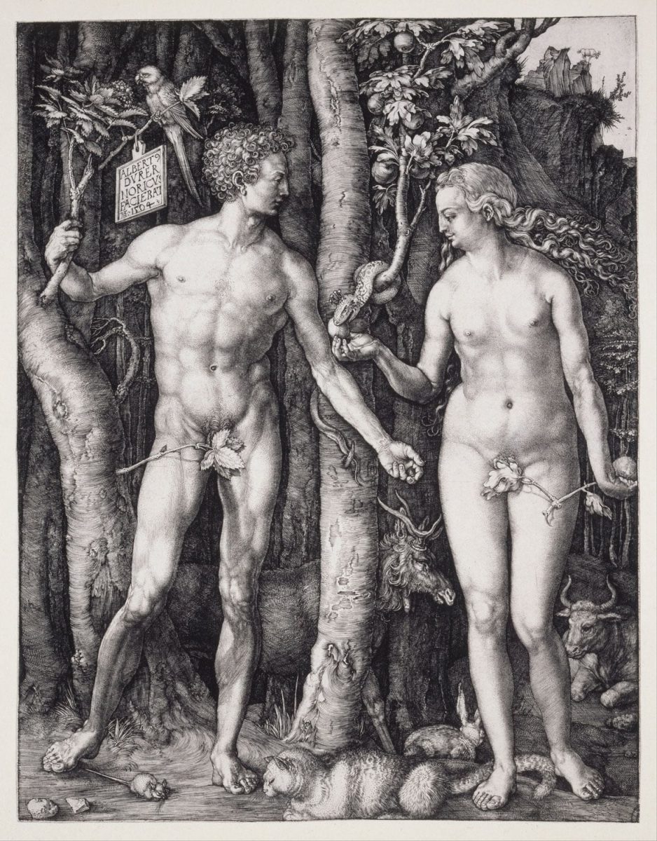 Albrecht Dürer Adam und Eva ist ein Kupferstich aus dem Jahr 1504. Die vielen Details dieser Arbeit stellen Bezüge zu dem Leben und seinen Verführungen dar.