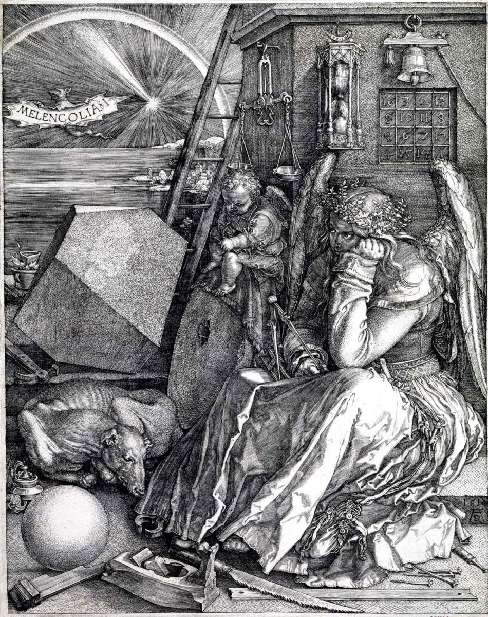 Die Radierung von Albrecht Dürer Melencolia zeigt einen nachdenklichen Engel der von rätselhaften Gegenständen umgeben ist.