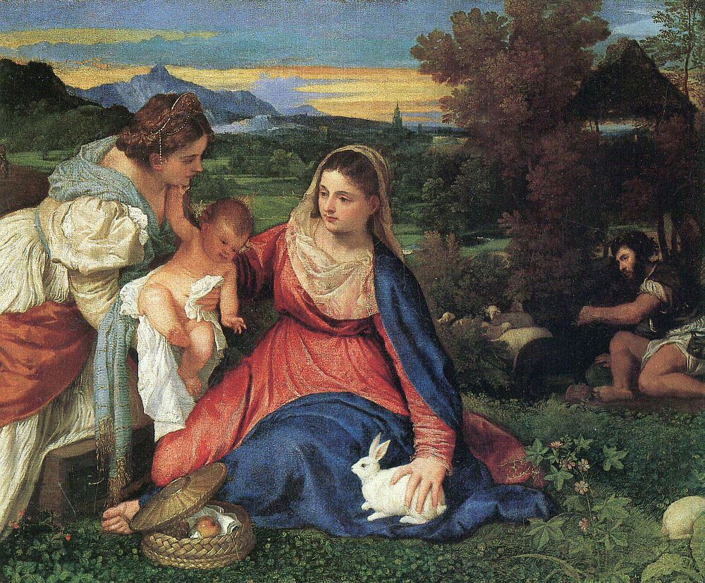 Das Gemälde von Tizian Madonna mit dem Kaninchen dient als Illustration zu dem text Haar und Hase in der Kunst von Thomas Gatzemeier.