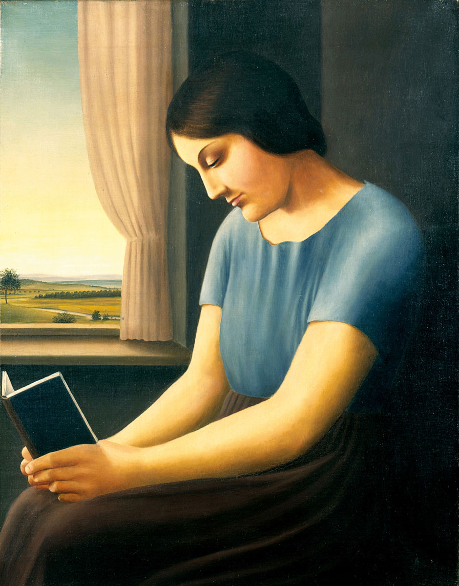 Ein Porträt des Malers Georg Schrimpf mit dem Titel Lesende am Fenster. Stil Neue Sachlichkeit.