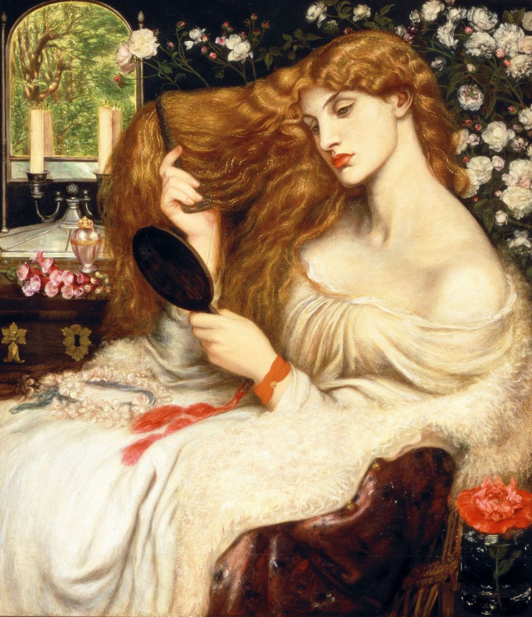 Dante Gabriel Rossetti Lady Lillit ist ein sinnliches Gemälde mit einer sich die roten Haare kämmenden Frau.