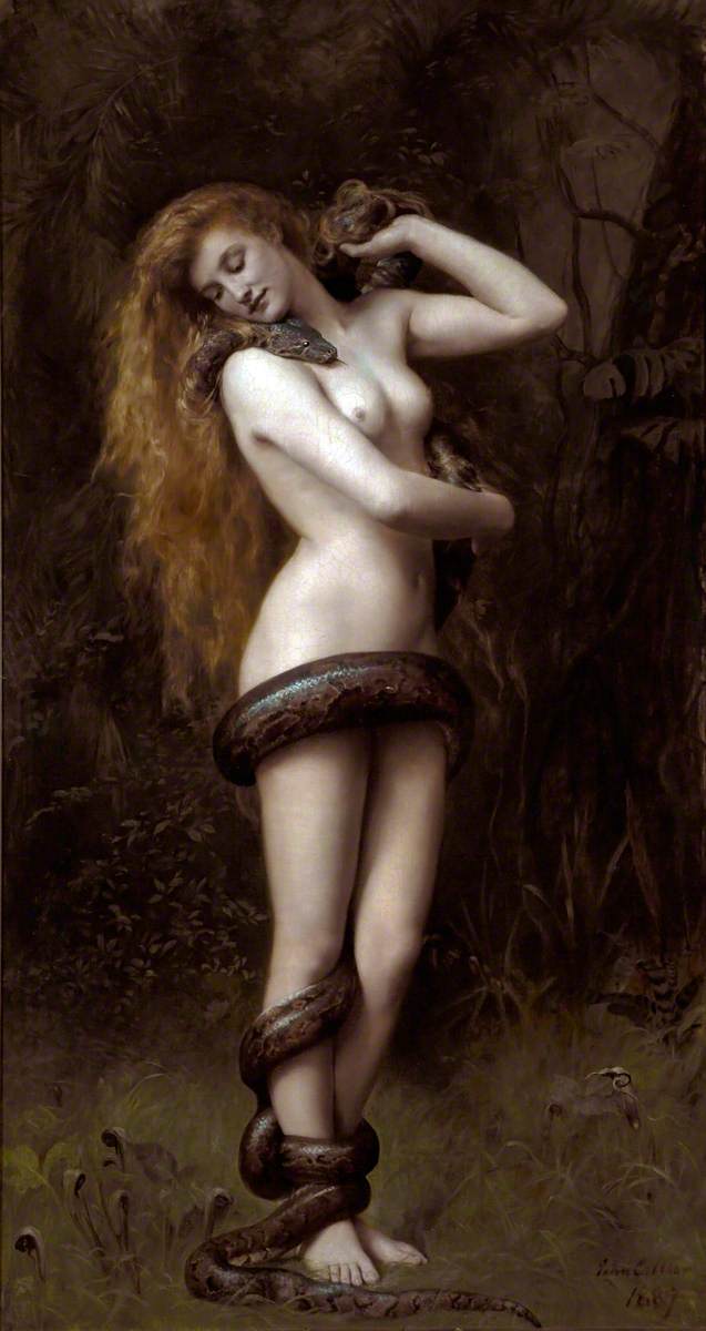 John Collier Lilith ist ein Gemälde mit einer nackte Frau, die von einer Schlange umschlungen wird.