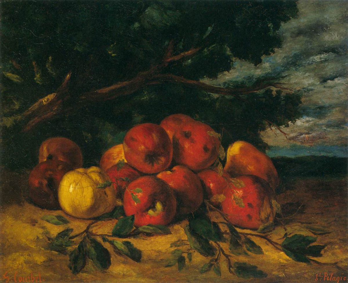 Das Stillleben von Gustave Courbet Rote Äpfel am Fuße eines Baumes ist eines der Beispiele von Apfel-Stilleben zu dem Artikel von Thomas Gatzemeier Äpfel mit Äpfeln vergleichen.