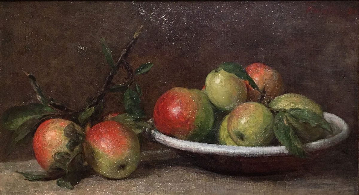 Henri Fantin Latour ein Apfelstillleben aus dem Jahr 1881 Öl auf Leinwand ist ein Beispiel des Sujets, das in dem Text Apfel mit Äpfeln vergleichen dem Autor Thomas Gatzemeier als Beispiel dient.