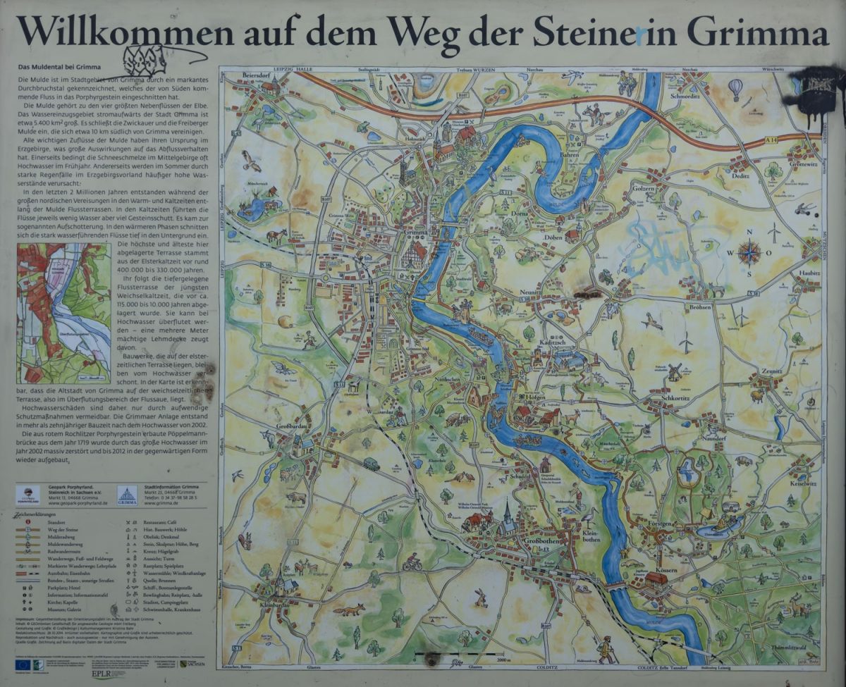 Der Plan Weg der Steine Grimma enthält die Wanderwege entlang der Mulde.