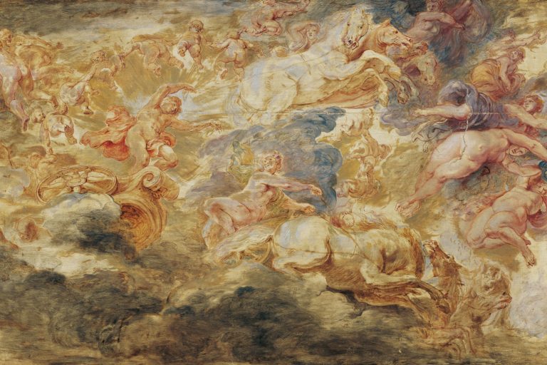 Das Gemälde von Peter Paul Rubens mit dem Titel Apollon im Sonnenwagen ist um 1621/25 entstanden und hängt in der Ausstellung Die Sonne im Barberini. Mit lasierenden Farben Öl auf Holz gemalt. Es könnte eine Studie oder aber die Untermalung für ein nicht zuende ausgeführtes Gemälde sein.