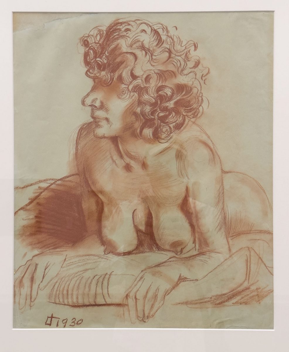 Der Halbakt von Otto Dix ist altmeisterlich mit Rötel auf Papier gezeichnet. An der Zeichnung erkennt man die Qualität eies Künstlers.