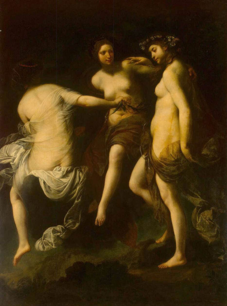 Diese drei Grazien vom Francesco Furini scheinen der Erde entrückt. Auch in dieser Darstellung wird nicht die tradierte Komposition verfolgt sondern auf einen kompositorischen Dialog gesetzt