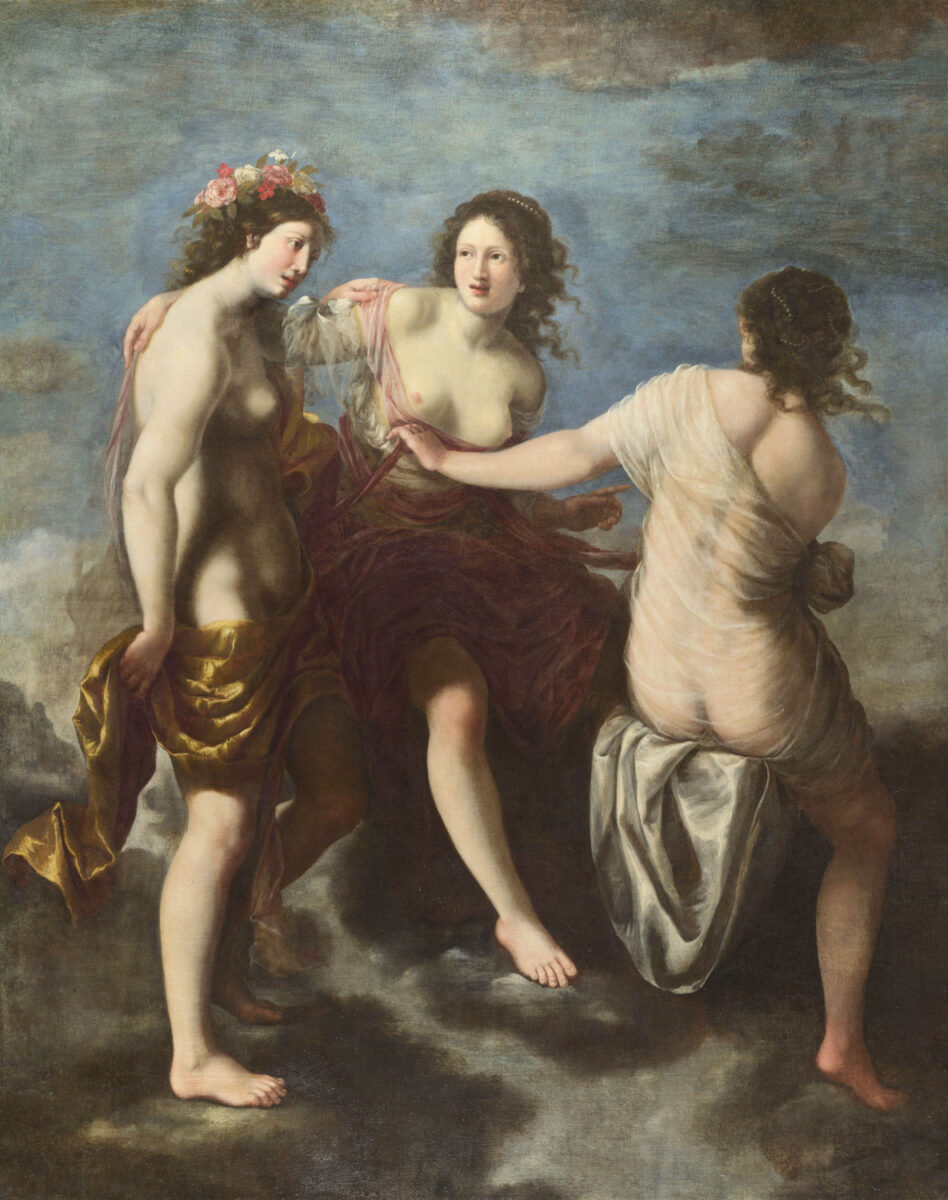 Francesco Furini versetzt seine drei Grazien in himmlische Gefilde. Die Bedeutung des Verhältnisses der Figuren wird in Gesten und Blicken ausgedrückt und scheint nicht innig zu sein.