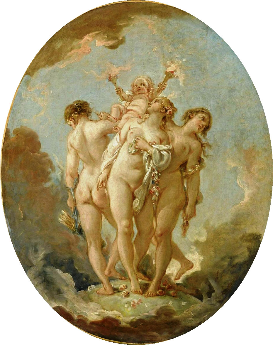 François Boucher Die drei Grazien bewegen sich beschwingt im Ovalen Format und eine Putte hält zwei Fackeln. Ob sie als Symbol der Weisheit gedacht sind?