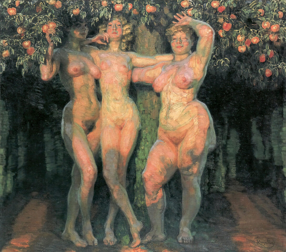 Die drei Grazien von Frantisek Kupka verkörpern das pralle Leben. Sie stehen unter einem prall mit Früchten behangenen Apfelbaum und schauen den Betrachter direkt an. So wird aus dem Motiv der drei Grazien ein Symbol der Fruchtbarkeit.