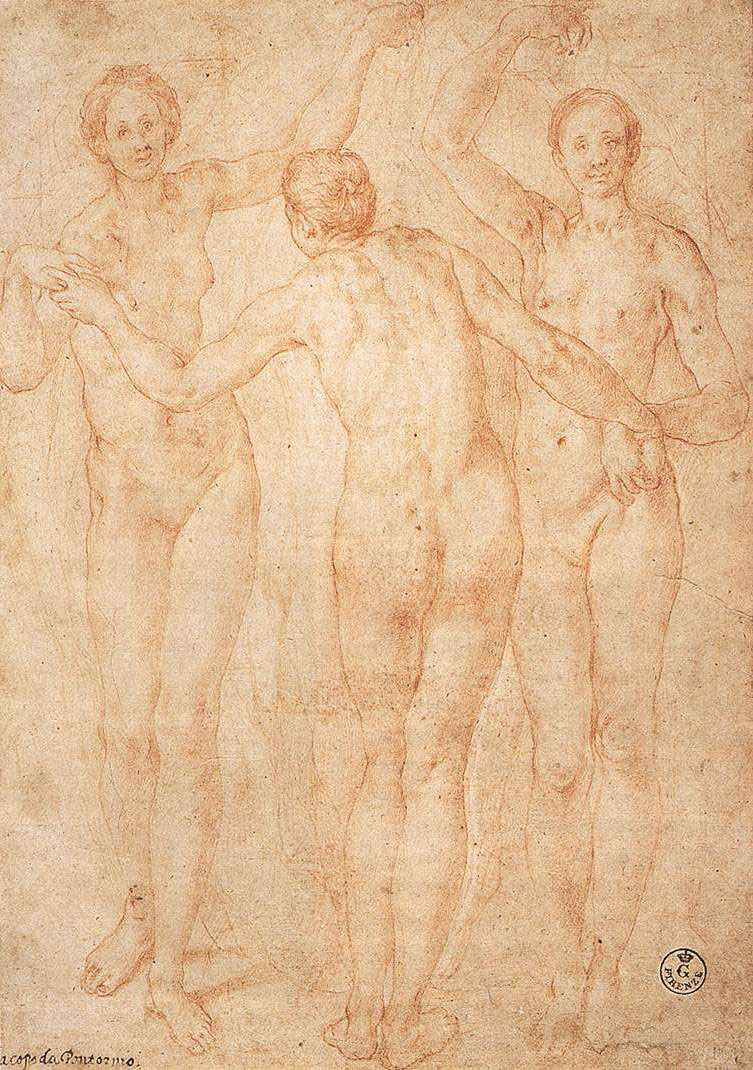 Die Zeichnung von Jacopo Pontormo Die drei Grazien weist alle Merkmale des Manierismus auf. Die überhöht langen schlanken Leiber der Grazien bilden ein Leibornament.