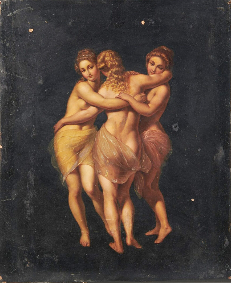 Die drei Grazien des Malers Johann Zoffany stehen auf einem dunkeln Grund und werden so fast zu einem Ornament.