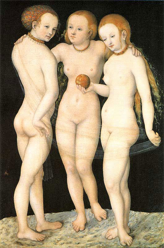 Lucas Cranach der Ältere oder seine Werkstatt setzte das Motiv der Drei Grazien mehrfach um.