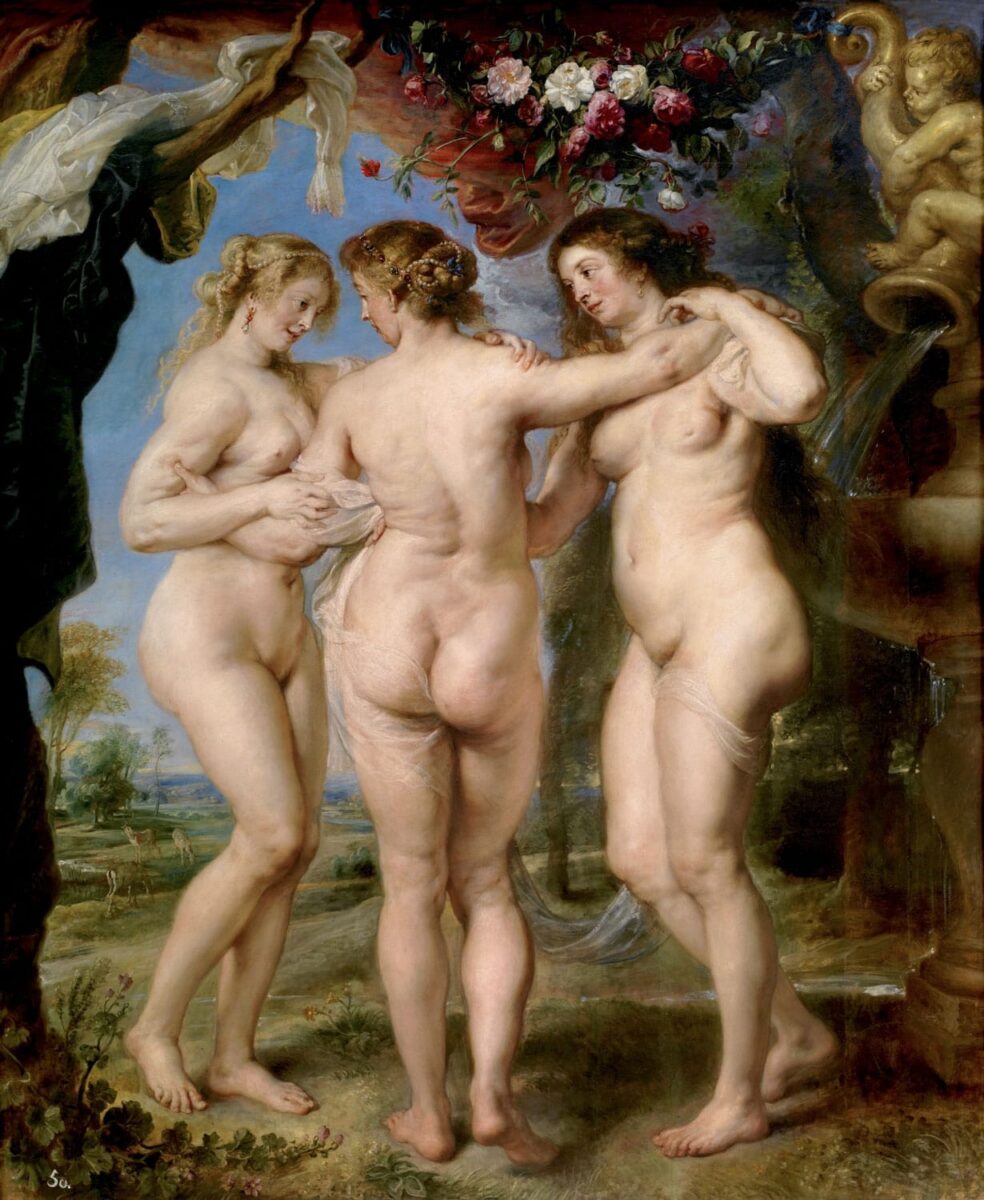 Die drei Grazien von Paul Rubens gehören zu den berühmtesten Darstellungen dieses Themas. Es ist eine malerische Hymne auf die Schönheit des Menschen, die im Einklang mit der Natur lebt.