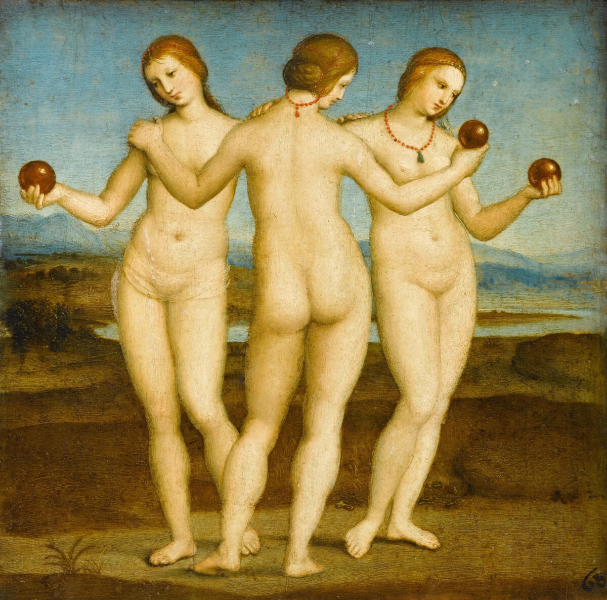 Das Gemälde Raffael Die drei Grazien ist bis heute rätselhaft, denn es lässt sich nicht ergründen welche Bedeutung die Kugeln in den Händen der Grazien haben sollen. Theorien gehen davon aus, dass eine der Damen ursprünglich einen Apfel in der Hand hielt.