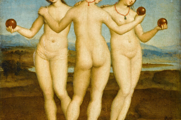 Das Gemälde Raffael Die drei Grazien ist bis heute rätselhaft, denn es lässt sich nicht ergründen welche Bedeutung die Kugeln in den Händen der Grazien haben sollen. Theorien gehen davon aus, dass eine der Damen ursprünglich einen Apfel in der Hand hielt.