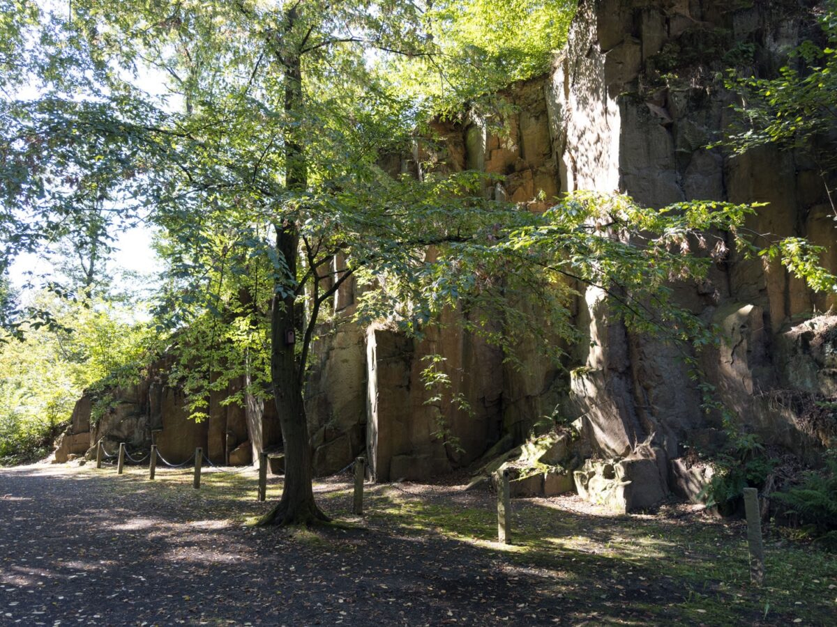 Imposante Felsformation im Wilhelm Ostwald Park im Steinbruch. Dieser liegt im unteren Teil des schönen und ruhigen Parks.