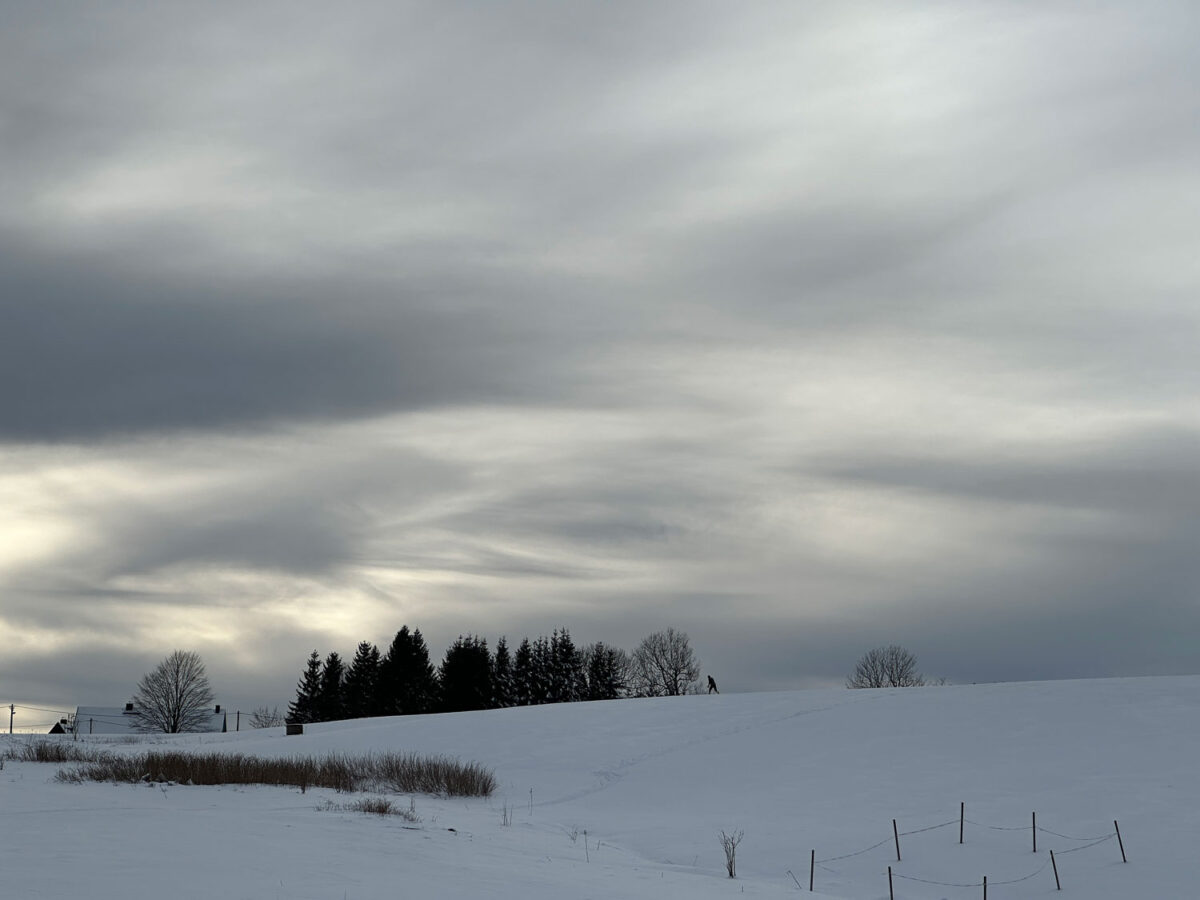 Der Winterhimmel über der Loipe in Holzhau ist bei Bewölkung besonders eindrucksvoll, da die Wolken niedrig über den Gipfel ziehen.
