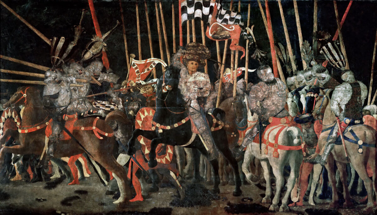 Natürlich ist es verwegen, Paolo Uccello (1397-1475) mit seiner Schlacht von San Romano in eine Beziehung zu Lucas Cranach den Älteren zu stellen. Aber mein Bildgedächtnis ließ nichts anderes zu.