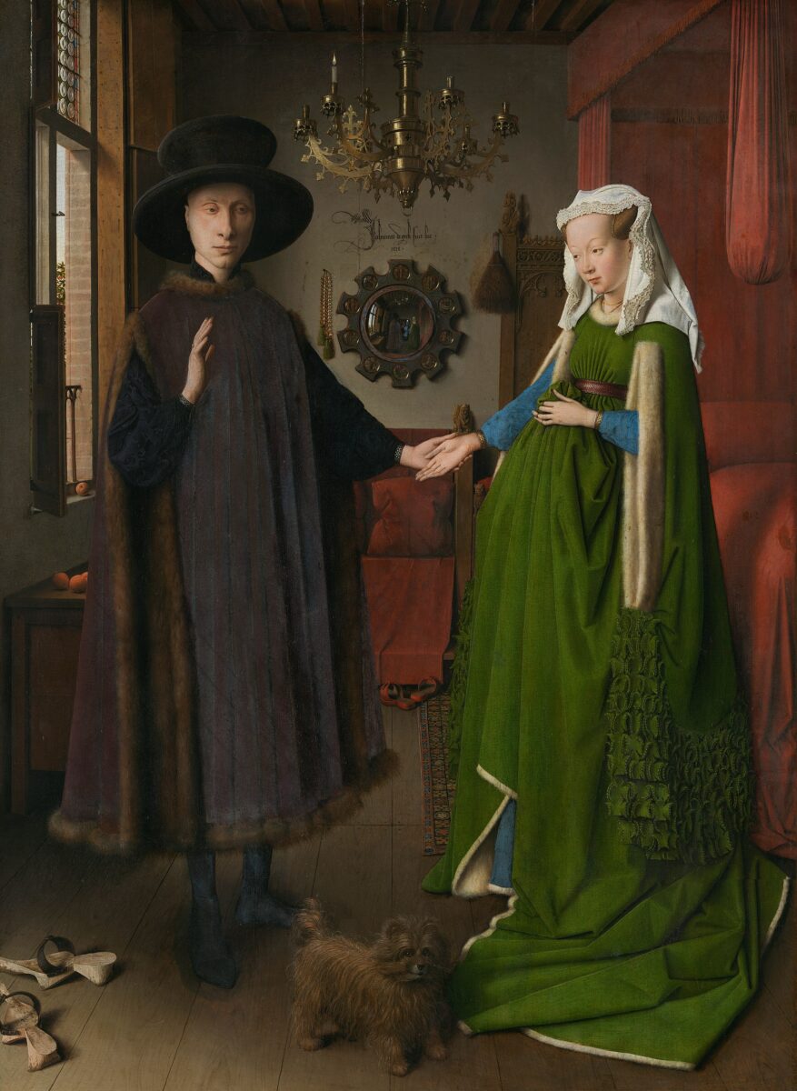 Jan van Eyck Arnolfini-Hochzeit ist eines der frühen Beispiele im Text Der Spiegel in der bildenden Kunst und zeigt das junge Paar mit einem Spiegel im Hintergrund, auf dem sich Personen spiegeln, die der Betrachter eigentlich nicht sieht.