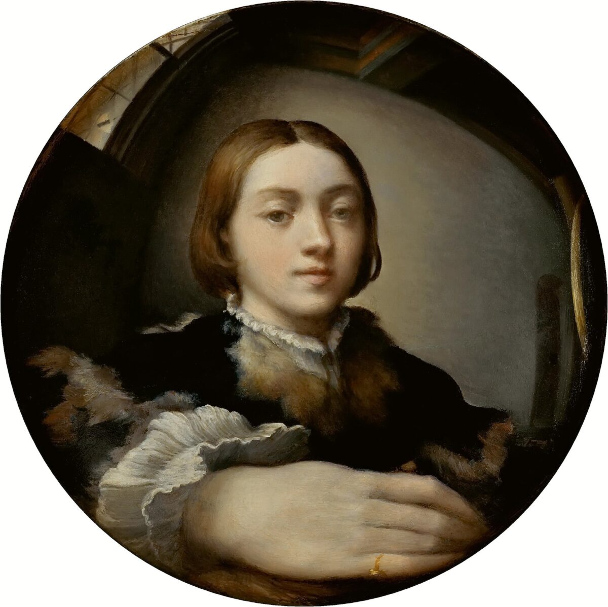 Das Selbstporträt im konvexen Spiegel von Parmigianino ist ein Beispiel im Text Der Spiegel in der bildenden Kunst und eine Besonderheit, handelt es sich doch um eine sehr früße surreale Darstellung.