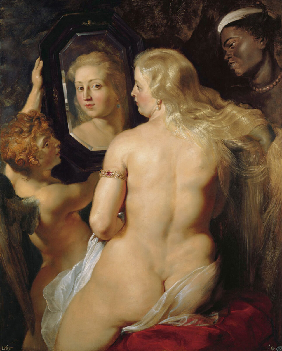 In dem Text Der Spiegel in der bildenden Kunst von Thomas Gatzemeier darf natürlich das Gemälde von Peter Paul Rubens Venus vor dem Spiegel nicht fehlen. Dieses zeigt eine nackte Frau vor dem Spiegel. Sie betrachtet den Betrachter selbstbewusst, aber auch fragend.