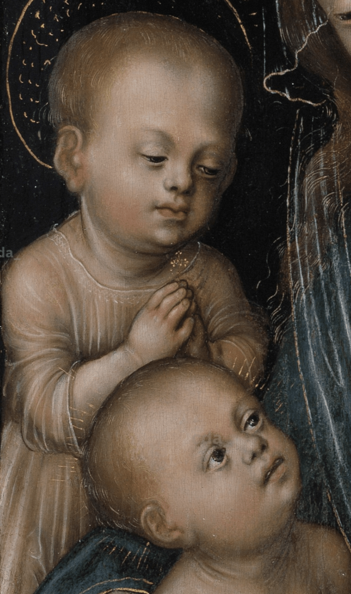 Lucas Cranach d. Ä. um 1514 Madonna und Kind mit dem Johannesknaben. Ausschnitt Statens Museum Kopenhagen Jesusknabe und Johannesknabe mit typischer Anatomie des Lucas Cranach.