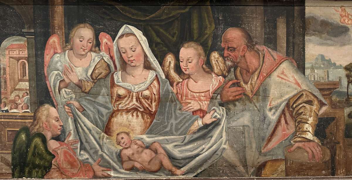 Die Anbetung des Jesusknaben auf dem Altar der Dorfkirche Döben bei Grimma ist eine klare bäuerliche Malerei.