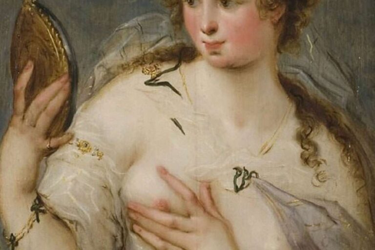 Das Gemälde mit dem Titel Visus aus dem Nationalmuseum Stockholm des Künstlers Hans-Christoph Schürer ist eine Allegorie auf das Sehen und zugleich hocherotisch. Denn eine leicht bekleidete Frau berührt sich an der Brust, während sie in einen Spiegel schaut.