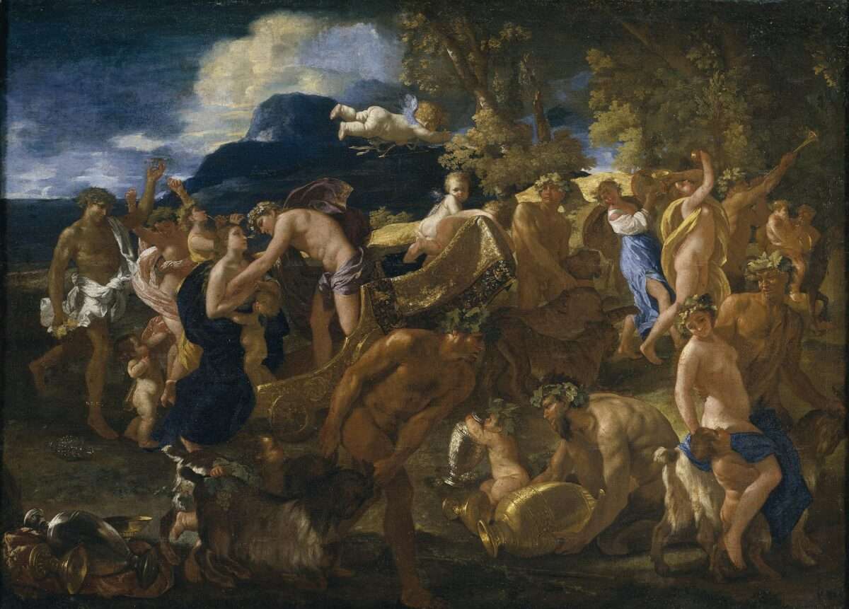 Poussin malte Bacchanale und den Triumph des Bacchus – doch seine Darstellungen wirken oft disziplinierter, geordneter, fast philosophisch durchdacht als das Gemälde Götterfest in einer Landschaft von Cornelis van Poelenburgh der Anhaltschen Gemäldegalerie.